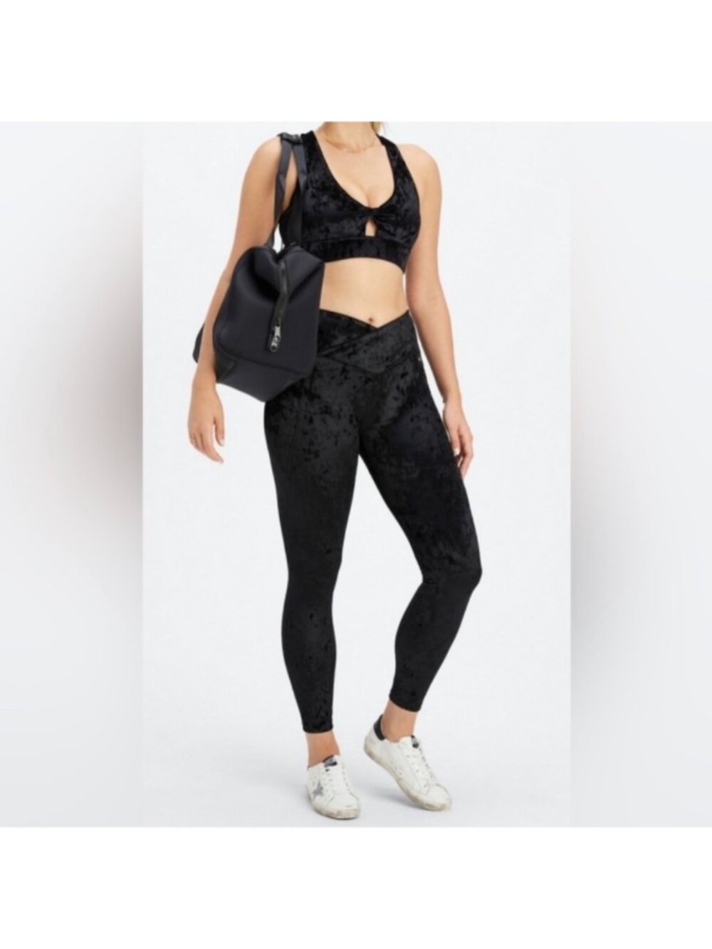 Fabletics Black Crushed Velour 2 Piece‎ Set Leggings & Bra Size Small Women's